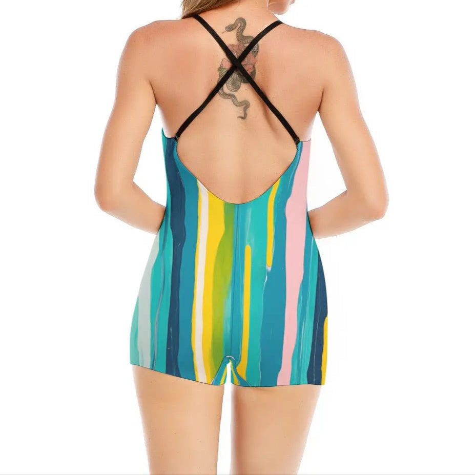 Vibrant Stripes Design Backless Romper My Store By Ari Island