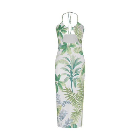 Sexy Green Palm & Leaf Hollow Cami Dress