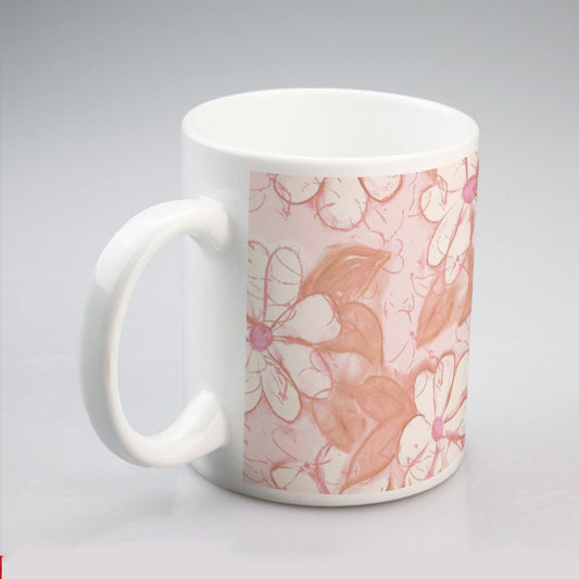 Soft Blossom Mugs - 11oz Ceramic with Tan and Light Pink Floral Design