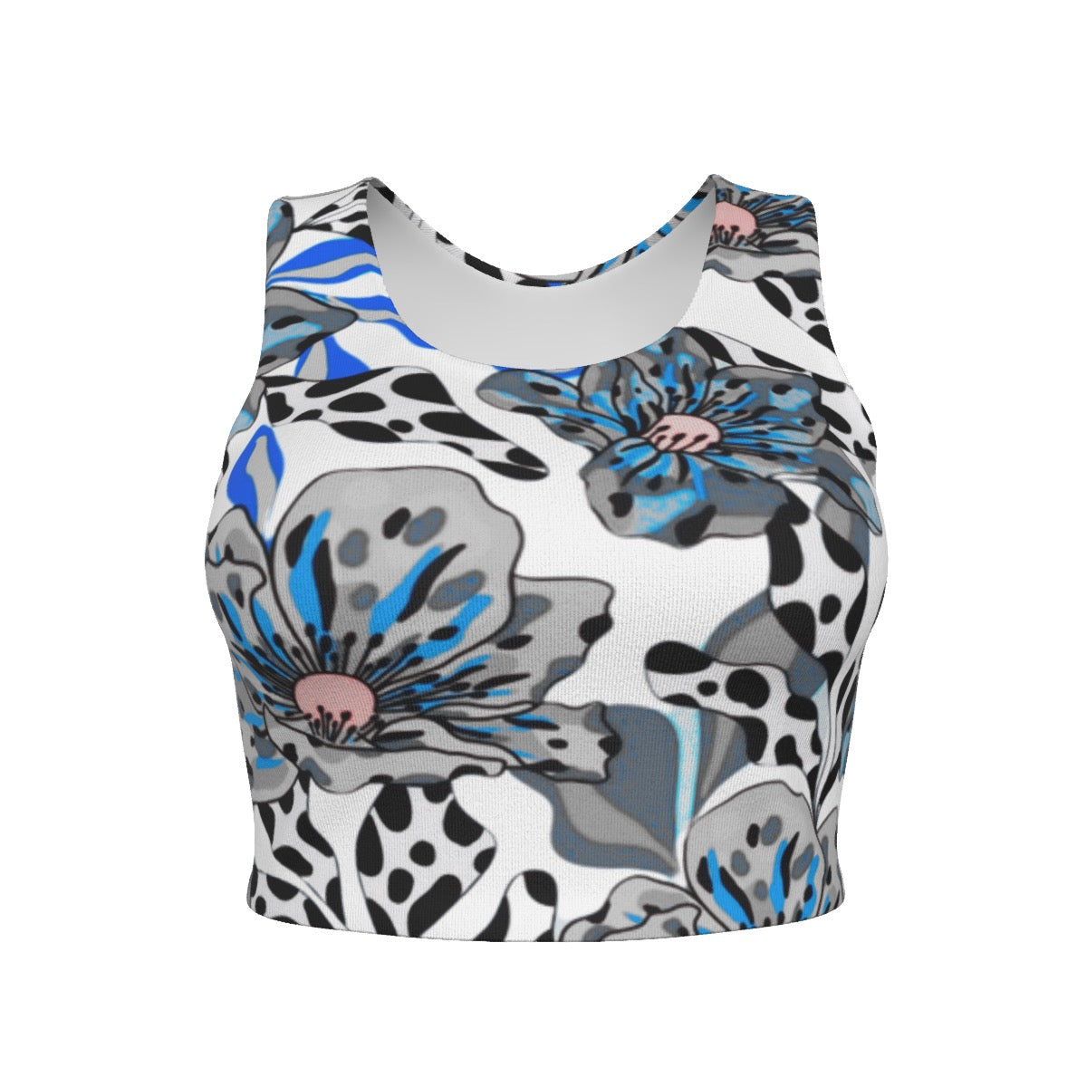 Floral Bliss - Blue & Grey Sports Crop Tank Top