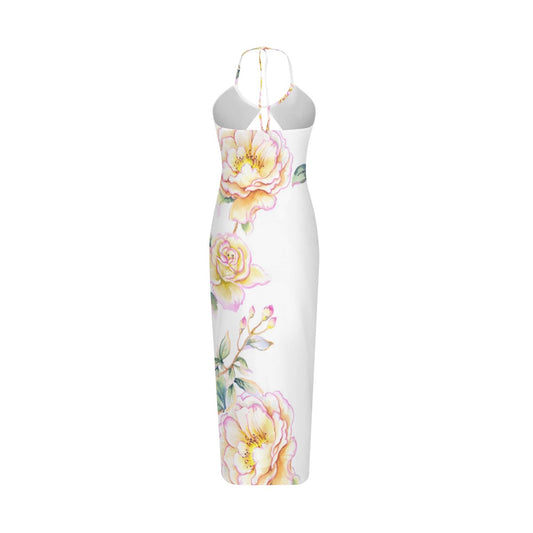 Sexy White Hollow Cami Dress with Yellow Flowers