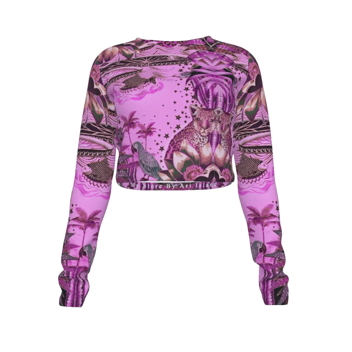 Soft Hibiscus Tiger & Flowers Neck Crop Top T-Shirt My Store By Ari Island