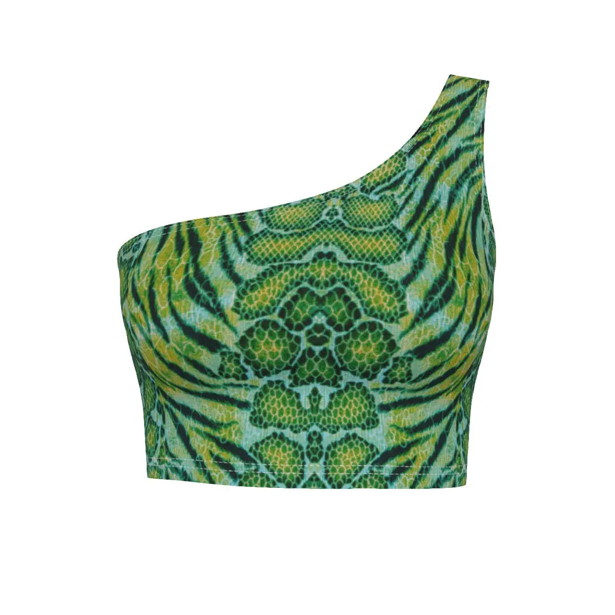 X-Pro Tiger Skin All-Over Design One-Shoulder Cropped Top (Dark Green) My Store By Ari Island