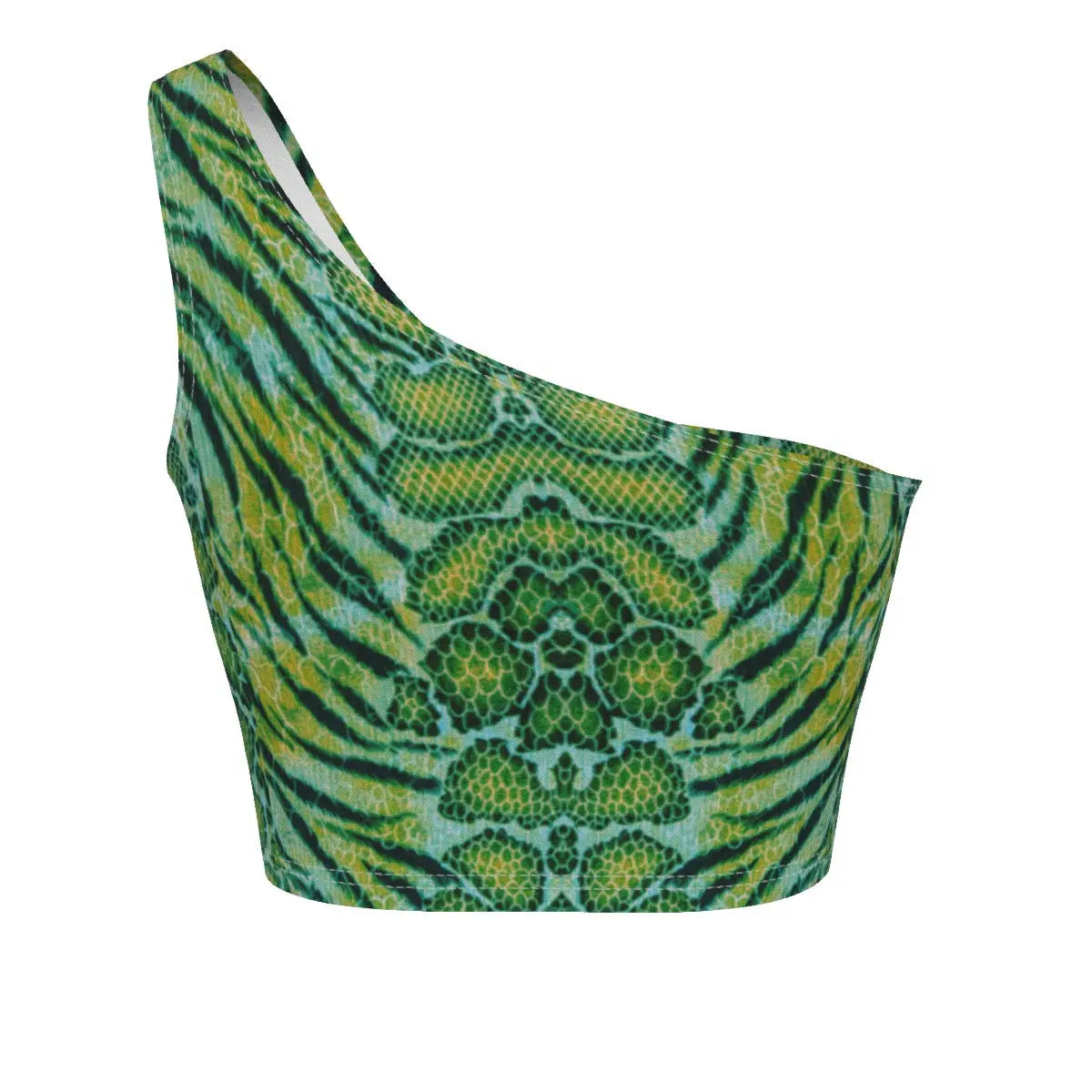 X-Pro Tiger Skin All-Over Design One-Shoulder Cropped Top (Dark Green) My Store By Ari Island