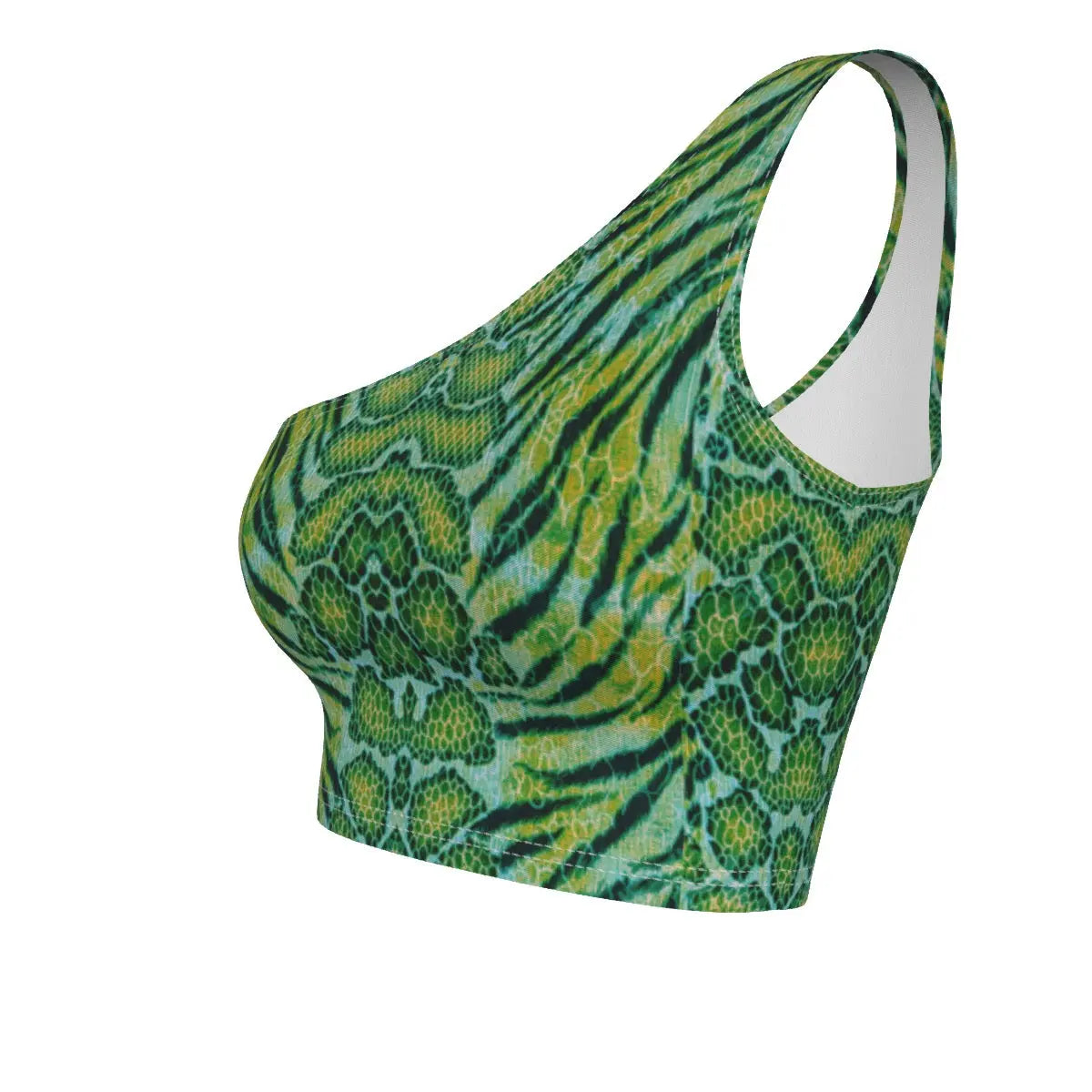 X-Pro Tiger Skin All-Over Design One-Shoulder Cropped Top (Dark Green) My Store By Ari Island