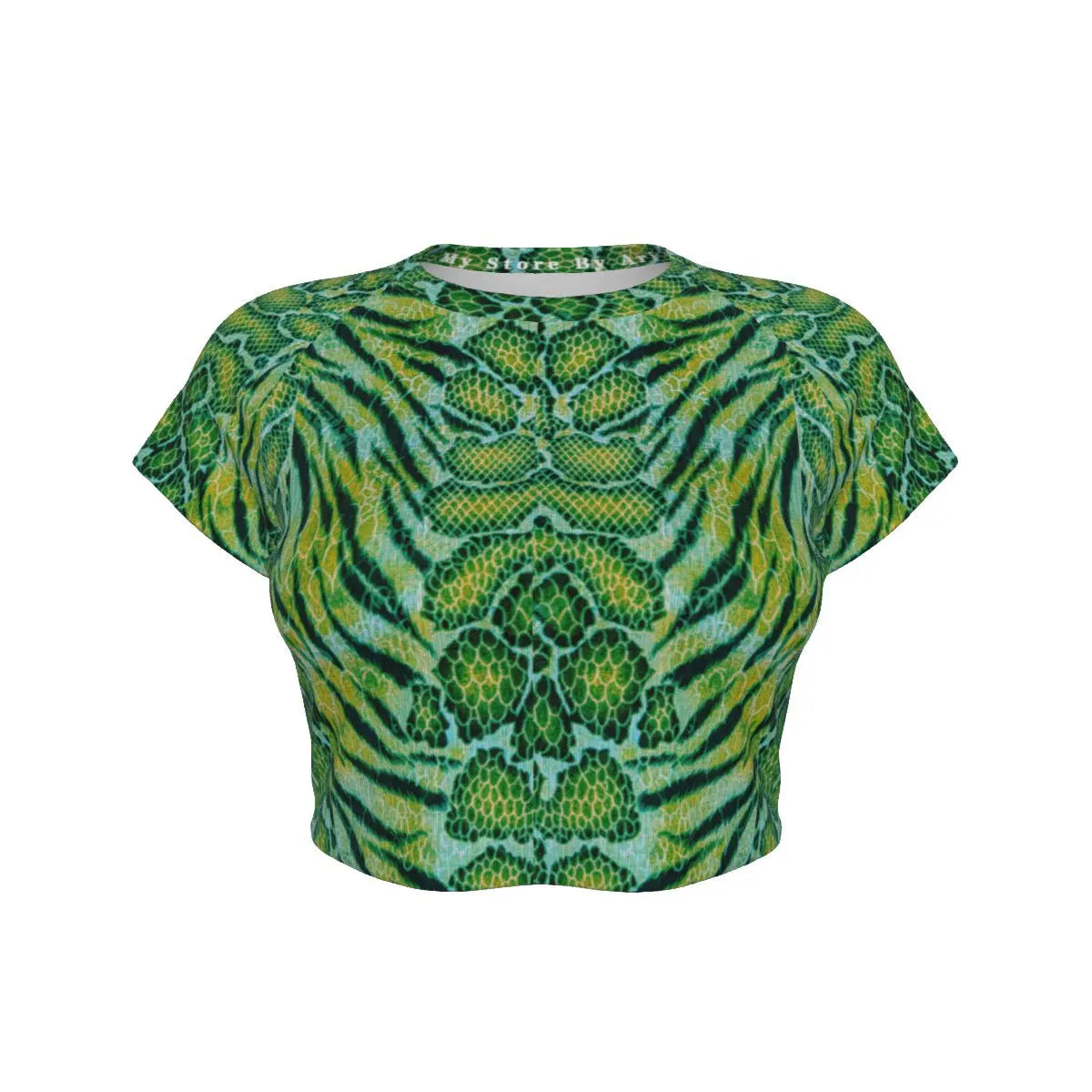 X-Pro Tiger Skin All-Over Design Raglan Cropped T-shirt (Dark Green) My Store By Ari Island