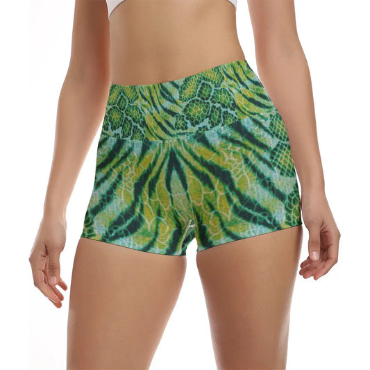 X-Pro Tiger Skin All-Over Design Ultra-Short Yoga Shorts (Dark Green) My Store By Ari Island