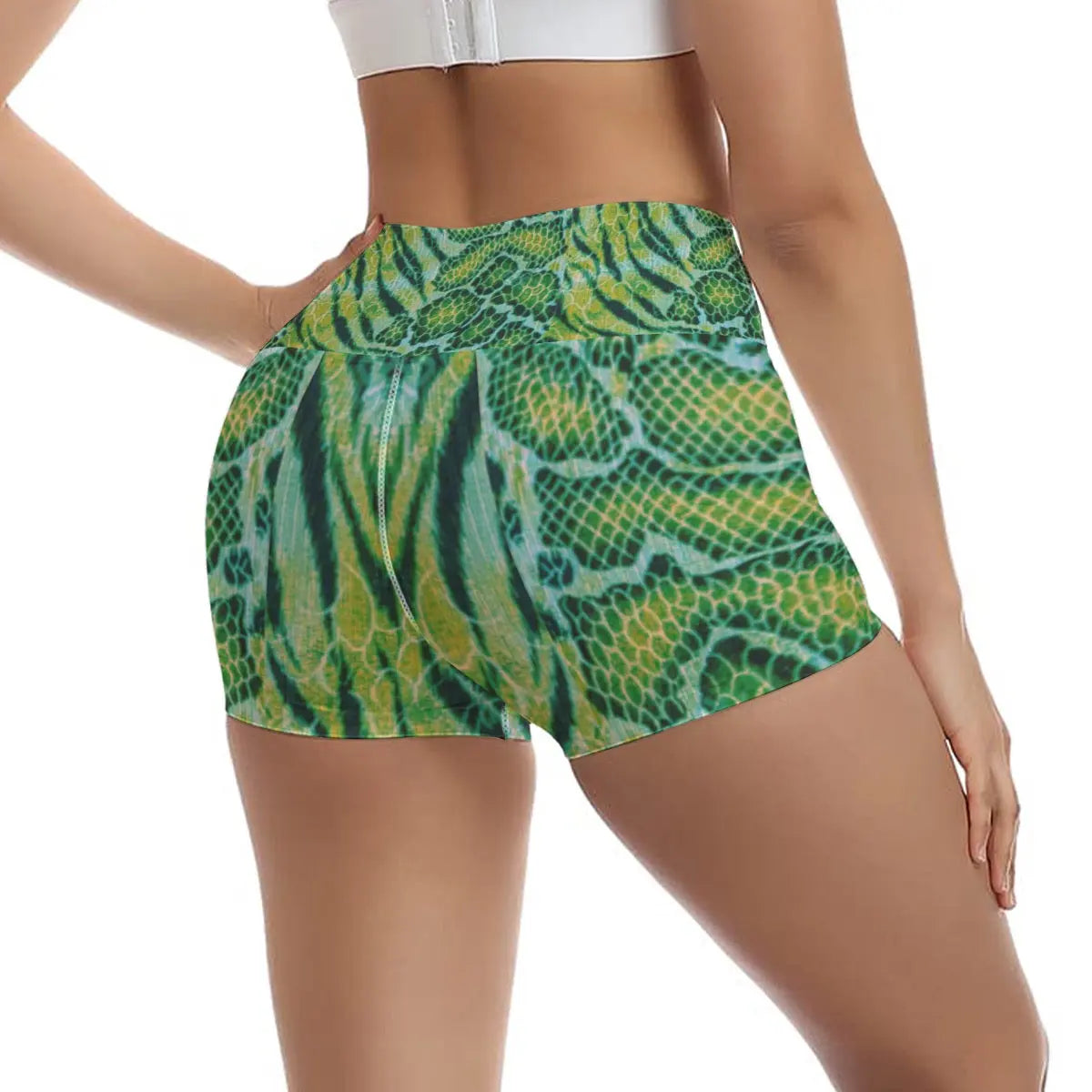 X-Pro Tiger Skin All-Over Design Ultra-Short Yoga Shorts (Dark Green) My Store By Ari Island