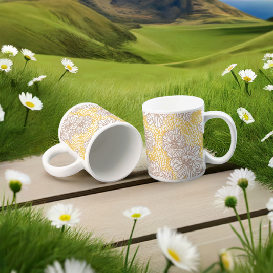 Soft Blossom Mugs - 11oz Ceramic with Lace Background & Yellow-Brown Floral Design