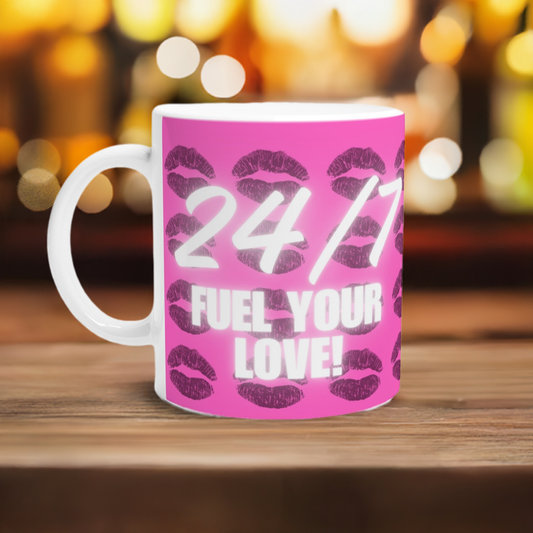 24/7 Fuel Your Love 11oz White Ceramic Mug with Pink Design