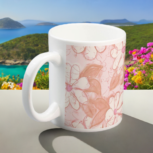 Soft Blossom Mugs - 11oz Ceramic with Tan and Light Pink Floral Design