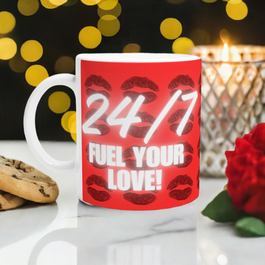 24/7 Fuel Your Love 11oz White Ceramic Mug with Red Design