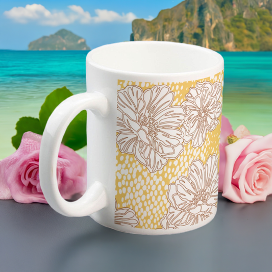 Soft Blossom Mugs - 11oz Ceramic with Lace Background & Yellow-Brown Floral Design